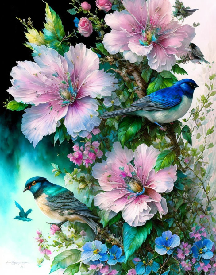 Colorful Artwork: Two Birds on Branch with Pink Blooms