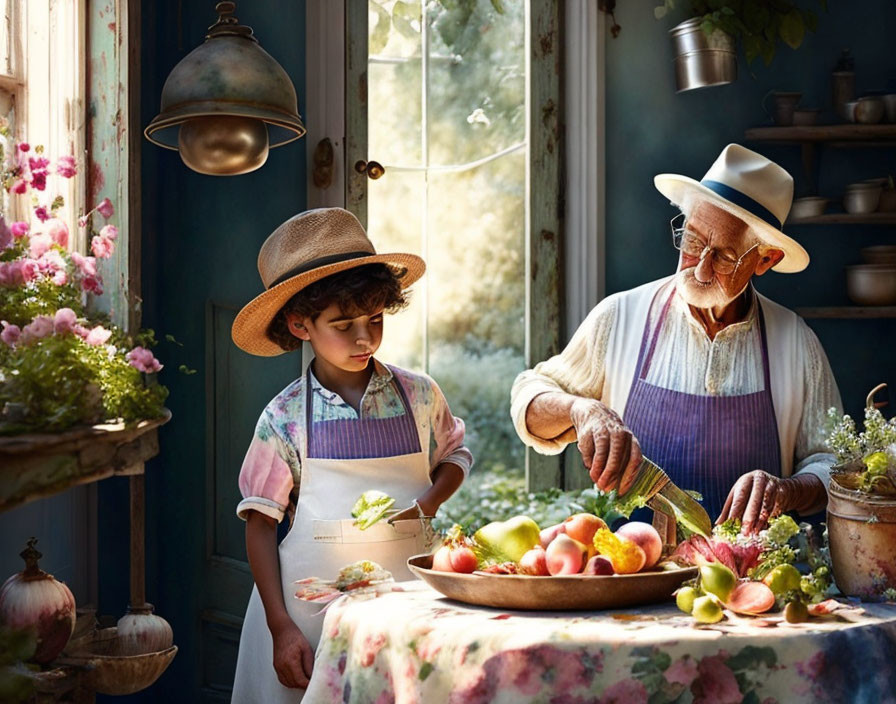 Elderly man and child sorting produce in rustic kitchen