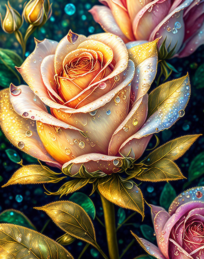 Vibrant rose with dewdrops in yellow to pink gradient, set in dreamy garden.