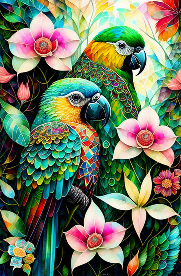 Colorful Parrot Illustration with Floral Motifs