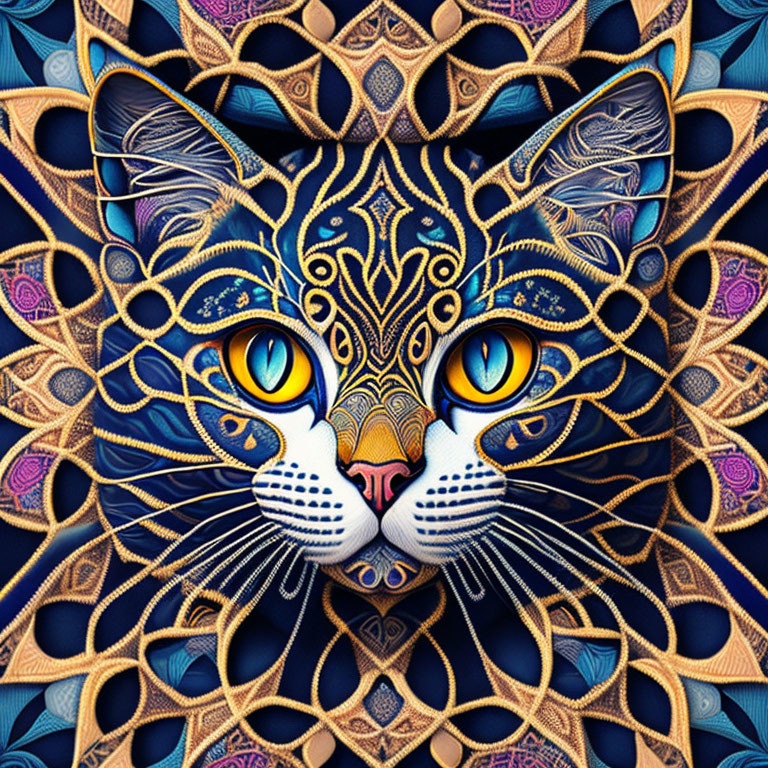 Digitally crafted cat image with intricate patterns and captivating yellow eyes on a blue backdrop