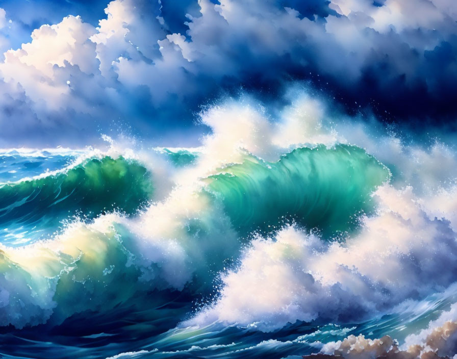 Dramatic sea painting with large cresting wave and cloudy sky