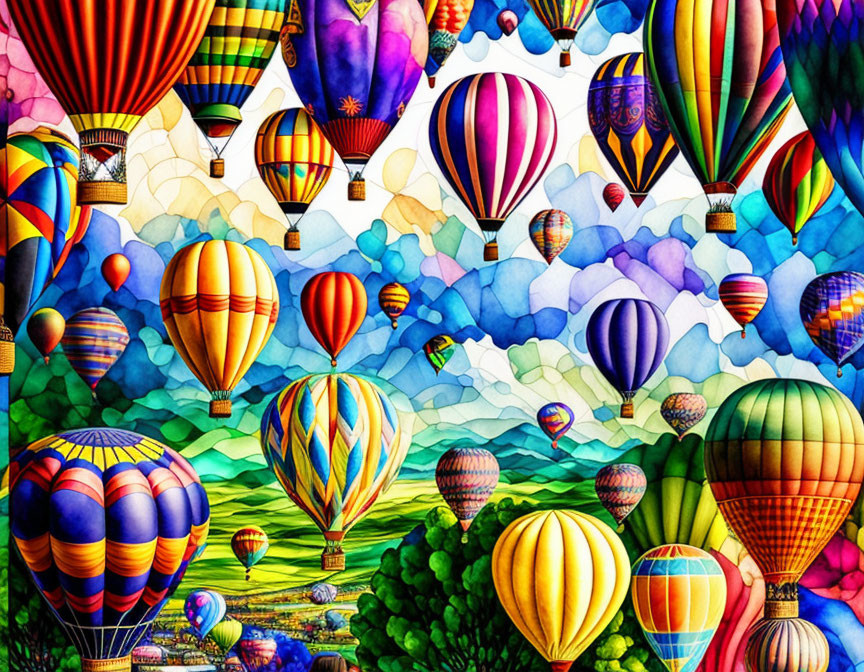 Vibrant hot air balloons over colorful patchwork landscape