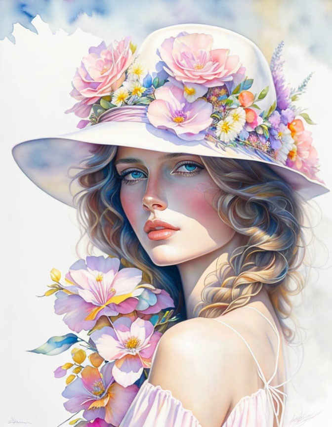 Portrait of woman with blue eyes, blonde hair, floral hat, surrounded by pastel flowers