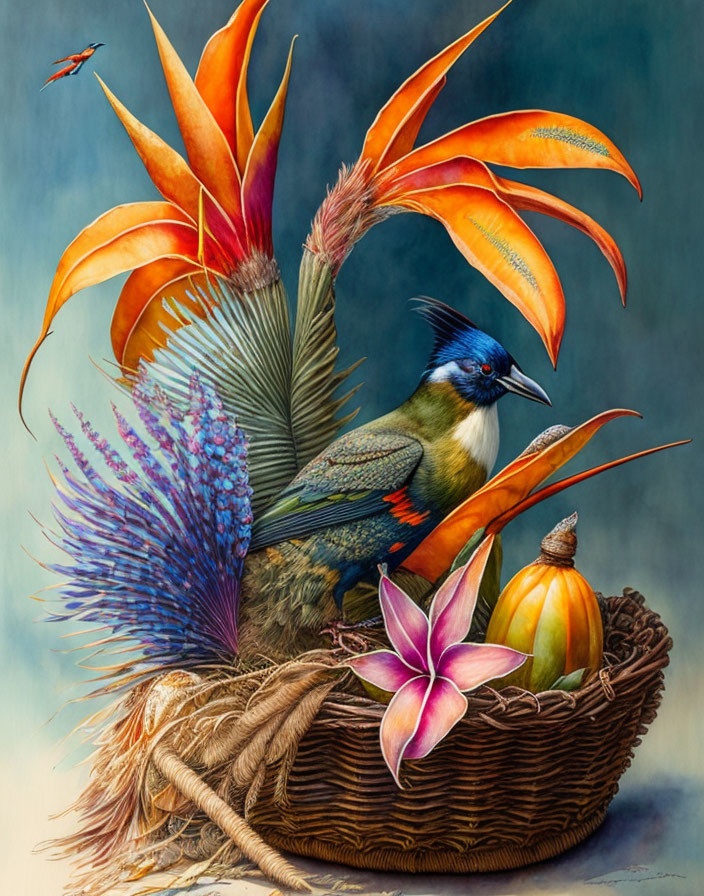 Colorful Bird in Wicker Basket with Exotic Flowers, Feathers, Pumpkin, and Dragonfly