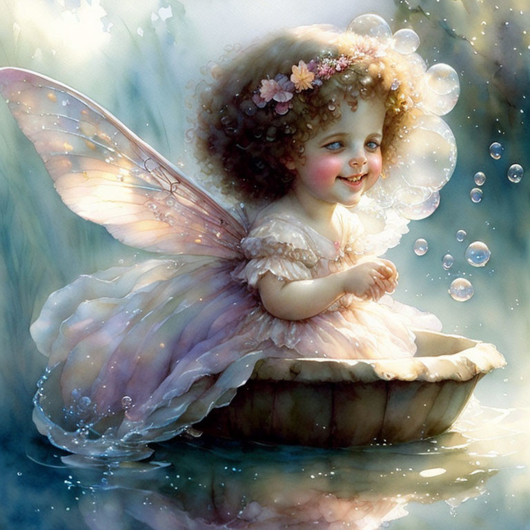 Whimsical fairy child in walnut shell boat with curly hair and translucent wings