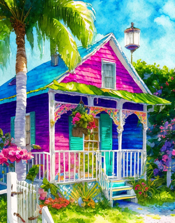 Colorful Watercolor Painting of Cottage with Palm Tree & Greenery