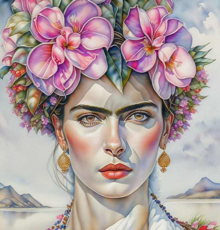 Detailed portrait of woman with floral headdress, intense gaze, vibrant colors, mountain backdrop