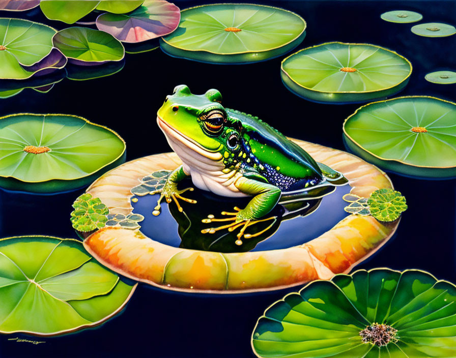 Green frog on water lily pad in vibrant pond