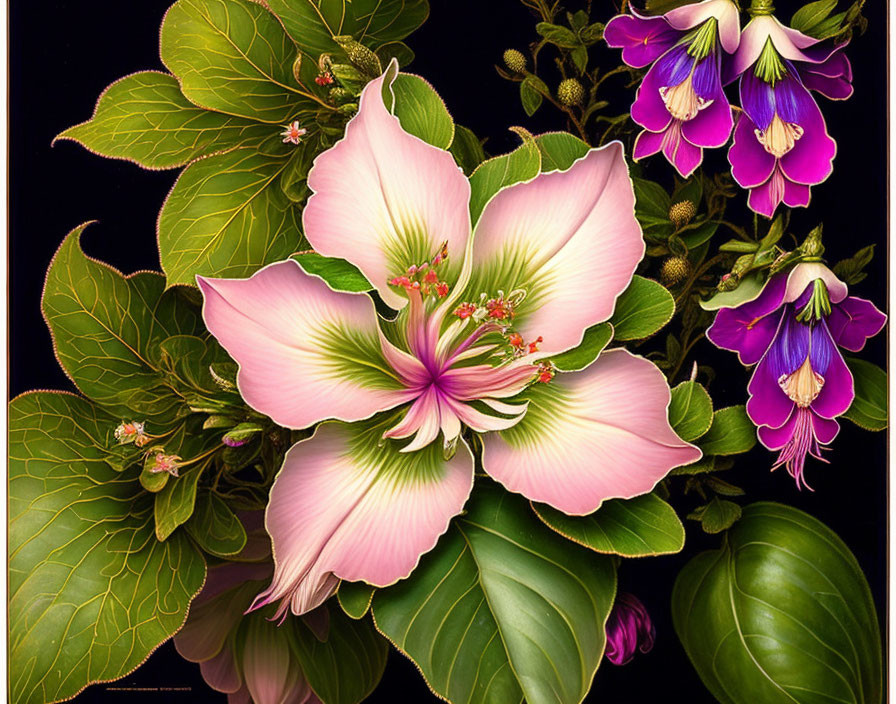 Colorful Hibiscus Flower Surrounded by Lush Greenery and Purple Flowers