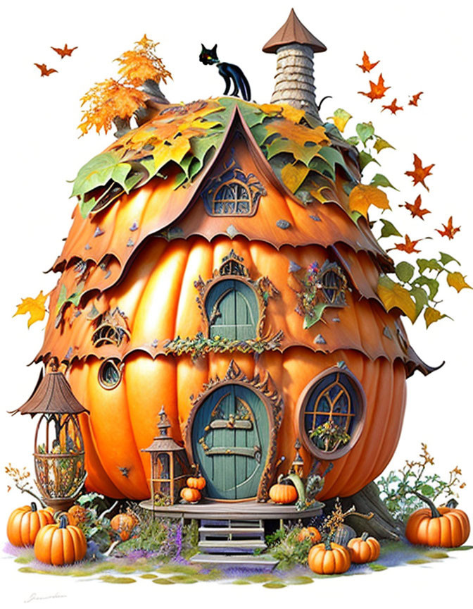 Illustrated Pumpkin House with Black Cat, Autumn Leaves, Lantern, and Small Pumpkins