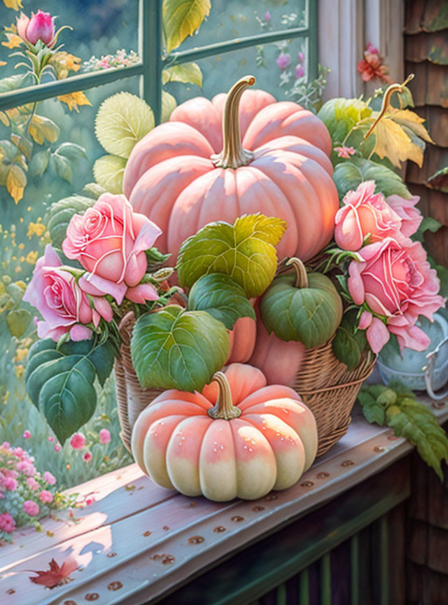 Basket of pumpkins with pink roses and green leaves on wooden surface