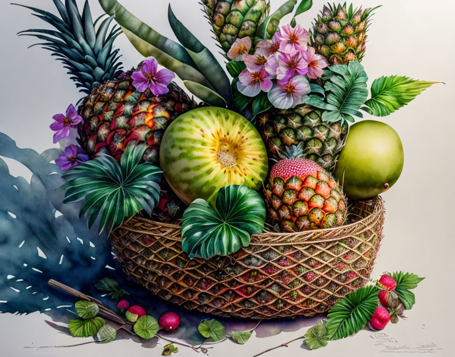 Colorful still life painting: wicker basket with tropical fruits, flowers, and greenery