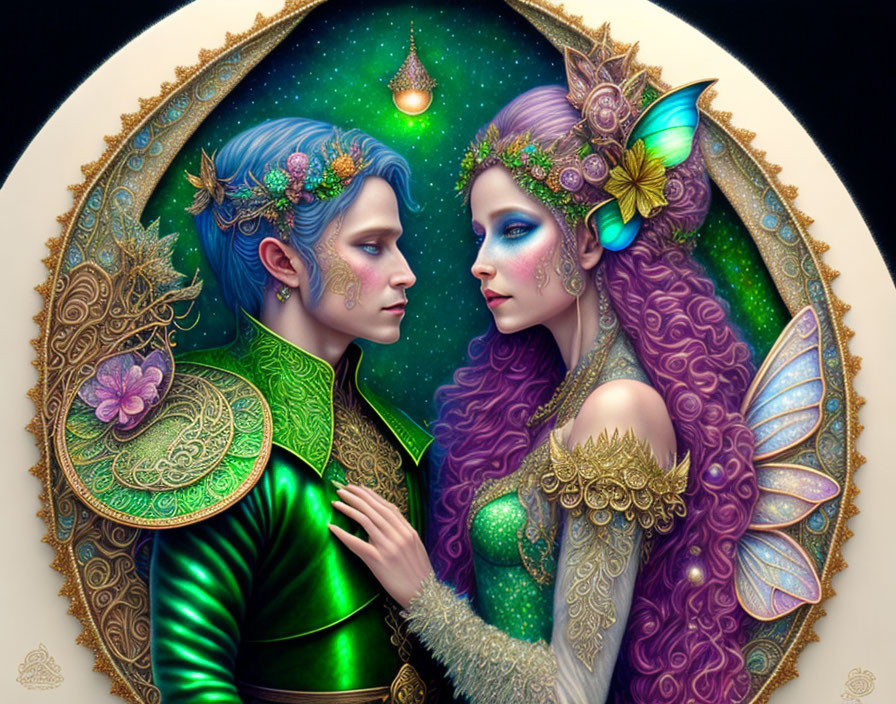 Male and female elf illustration with intricate clothing in golden arched frame.