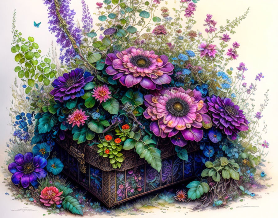 Colorful Illustration of Purple and Pink Flowers in Dark Chest with Butterflies