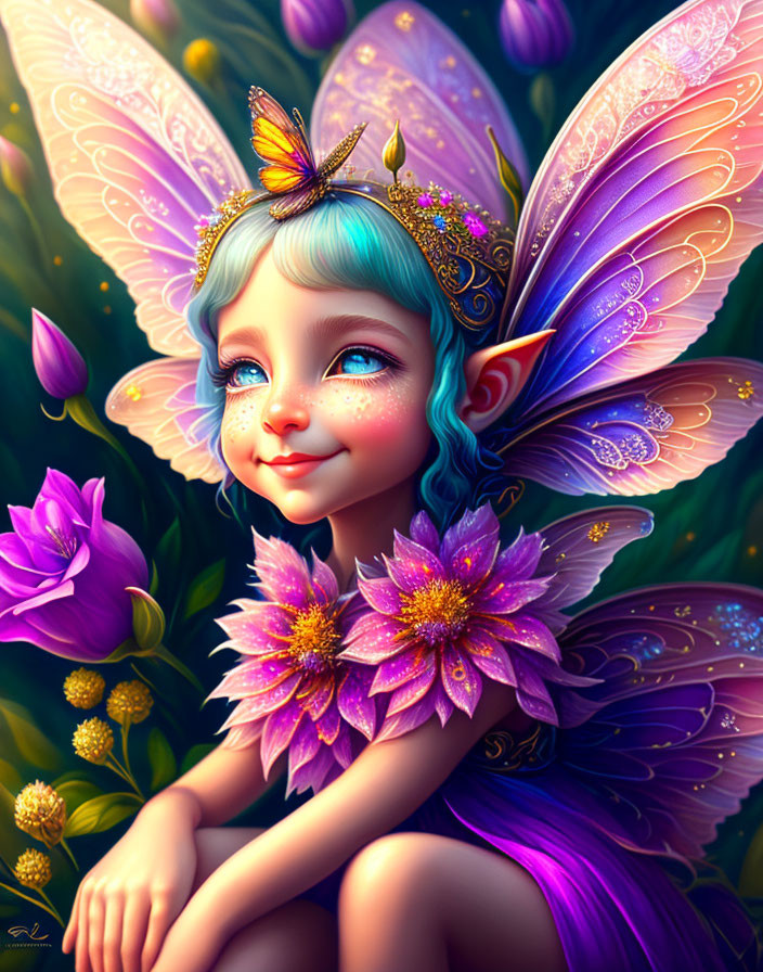 Colorful Fairy Illustration with Butterfly and Flowers