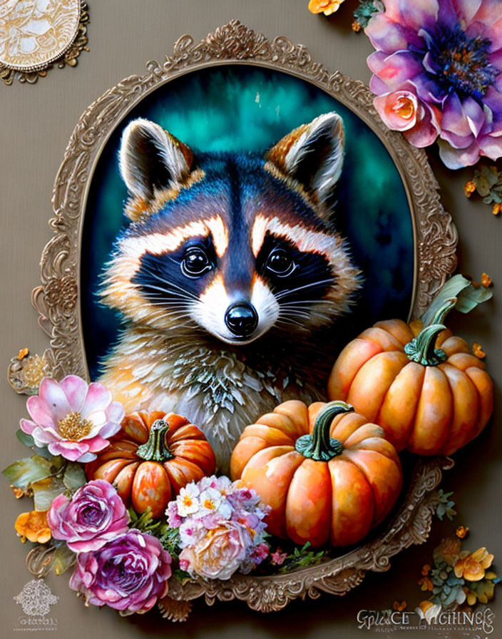 Colorful Raccoon Portrait with Flowers and Pumpkins in Ornate Frame