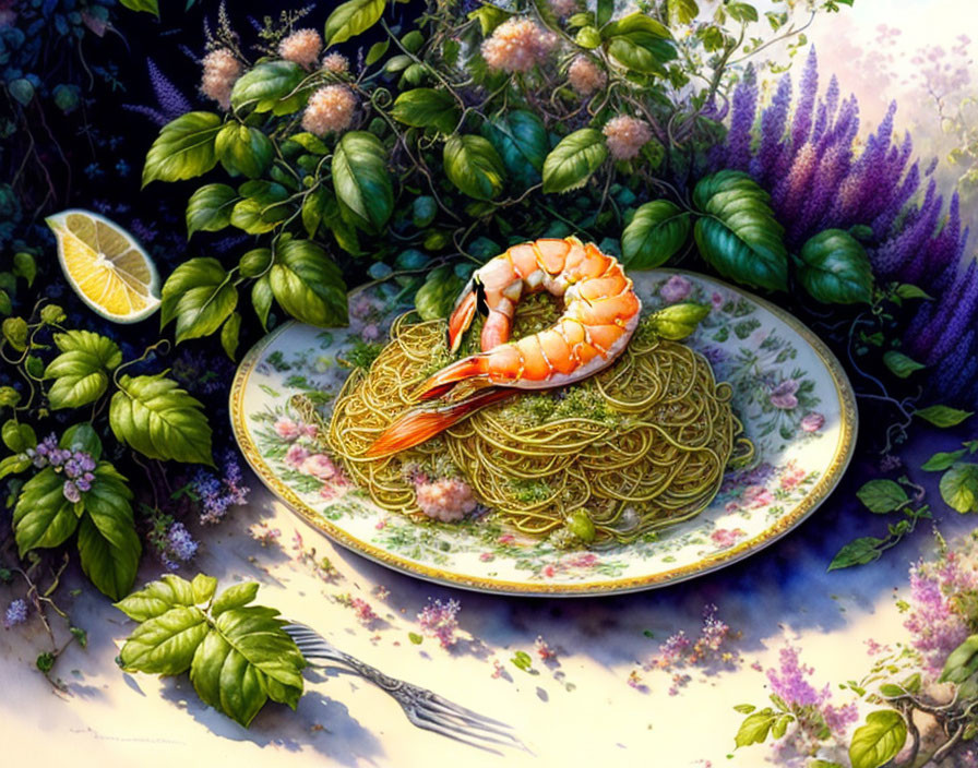 Green Pasta Plate with Shrimp, Lemon, Flowers, and Foliage