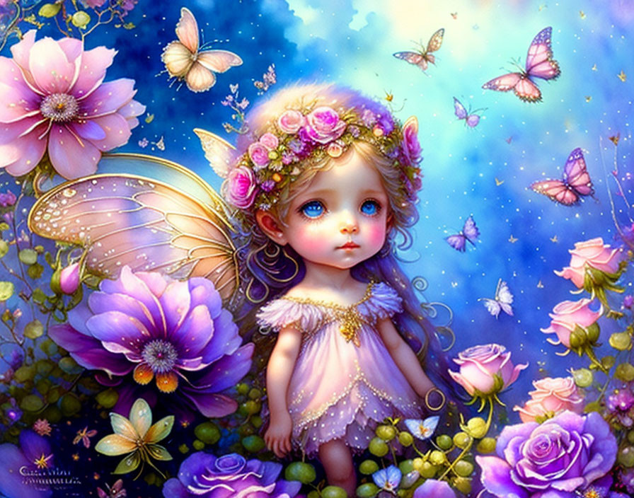 Young fairy in vibrant floral setting with blue eyes and delicate wings