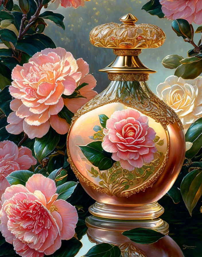 Gold perfume bottle with painted flowers amid lush pink and white roses