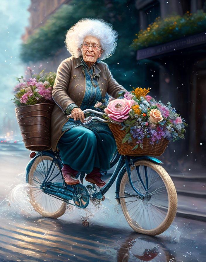 White-Haired Elderly Woman Riding Blue Bicycle with Flower Baskets