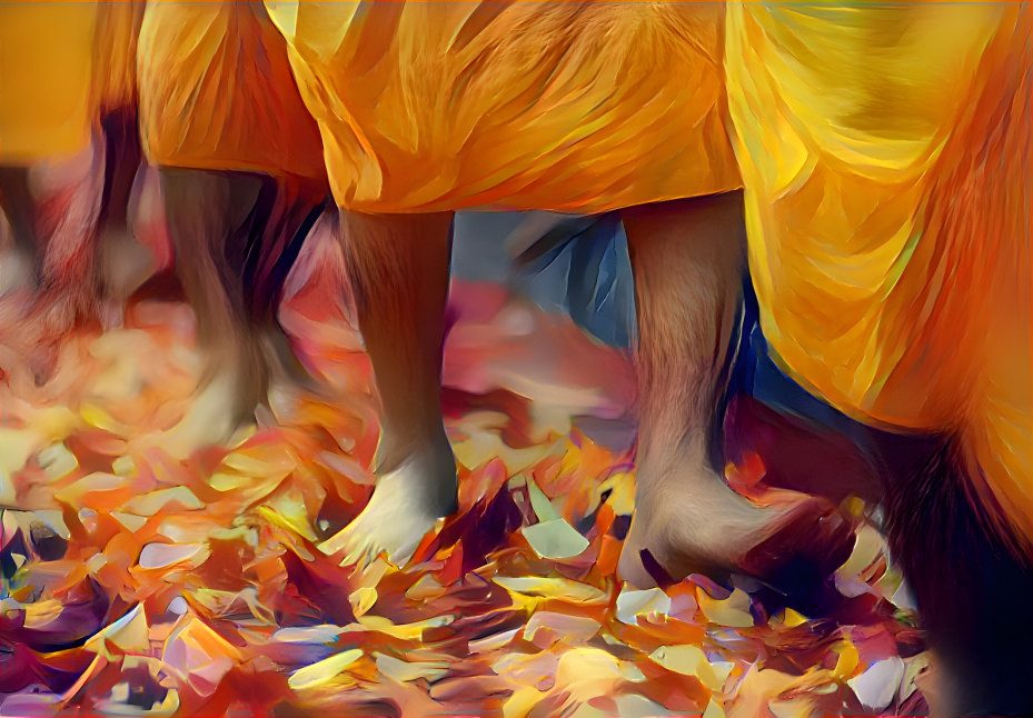 Monks walking on petals