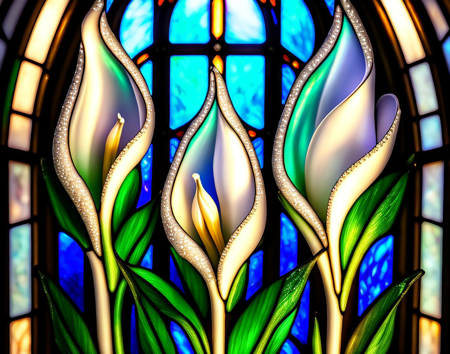 Colorful Stained Glass Window Featuring Calla Lily Flowers