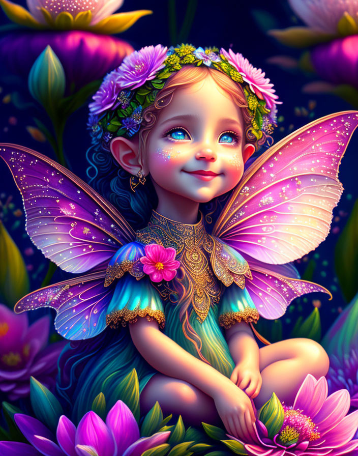 Whimsical fairy child with sparkling wings in floral crown surrounded by vivid flowers