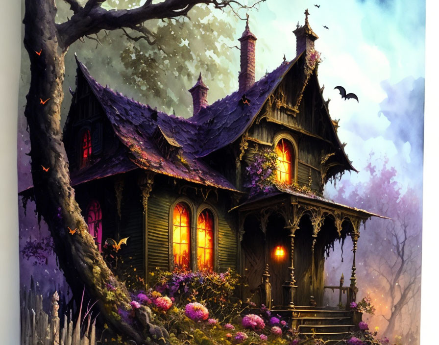 Victorian-style house in twilight mist with glowing windows, bats, and pink flora