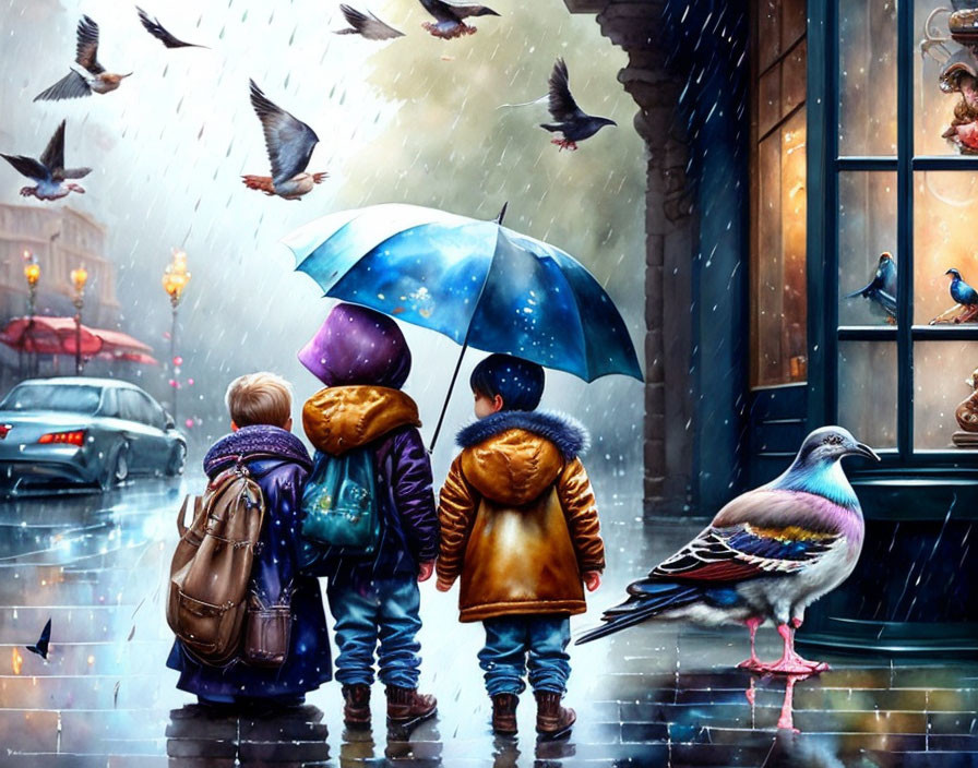 Three children with backpacks under umbrella on rainy street with flying pigeons