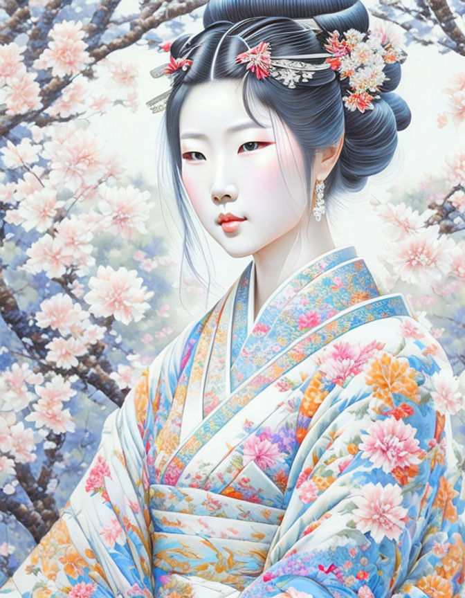 Illustration: Woman in pale blue skin with floral kimono in cherry blossom setting