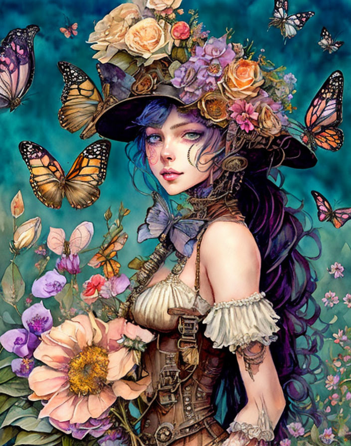 Illustration of woman with blue hair in floral hat, surrounded by butterflies, corset, and shoulder