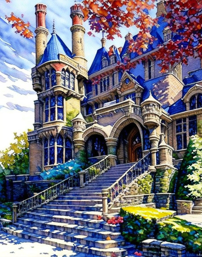 Victorian-style mansion with blue and tan facade and ornate towers amidst autumn foliage.