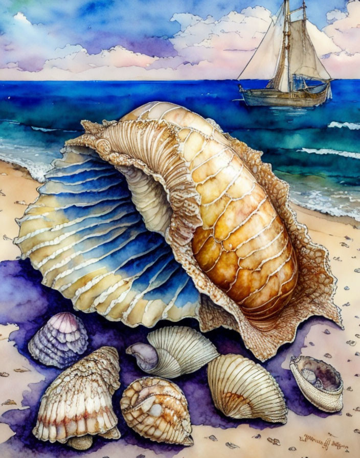 Detailed Watercolor Illustration of Seashells on Sandy Shore