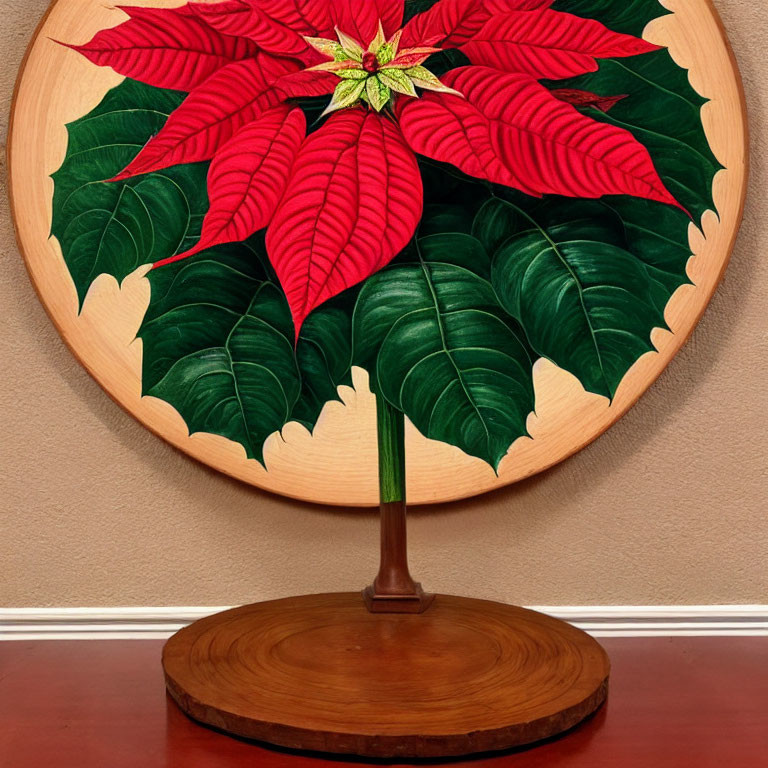 Wooden poinsettia display on circular stand against terracotta wall