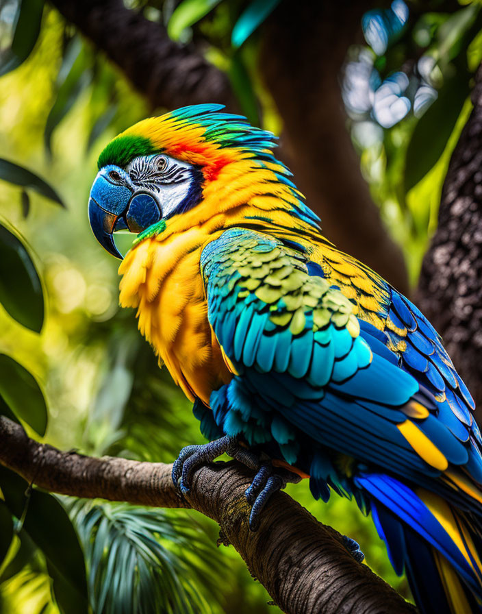 Colorful Macaw Bird Perched on Branch in Green Setting