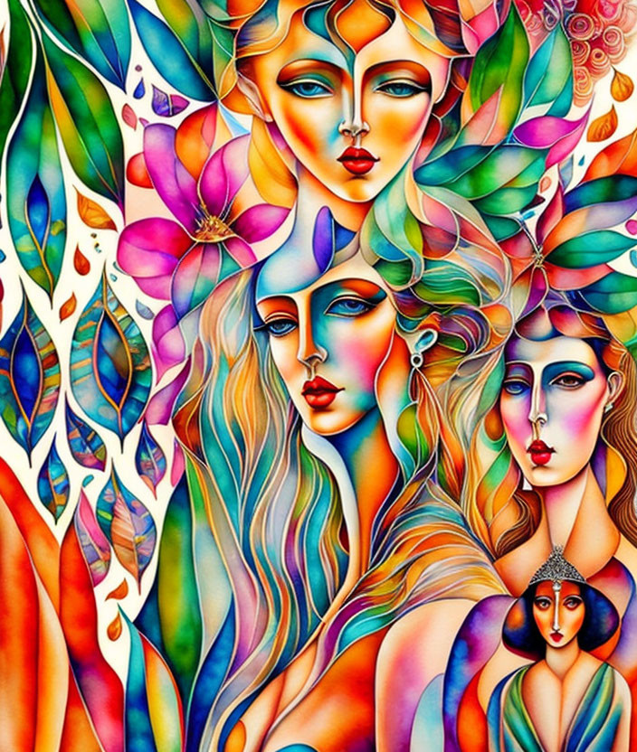 Vibrant Artwork of Three Women with Floral Elements