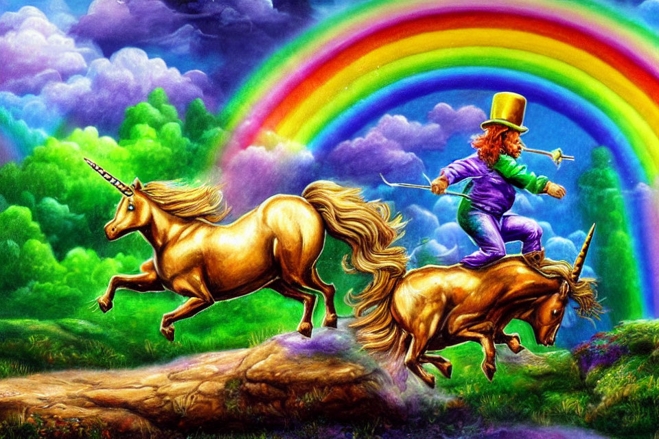 Colorful man in green suit and top hat rides unicorn under rainbow in lush landscape