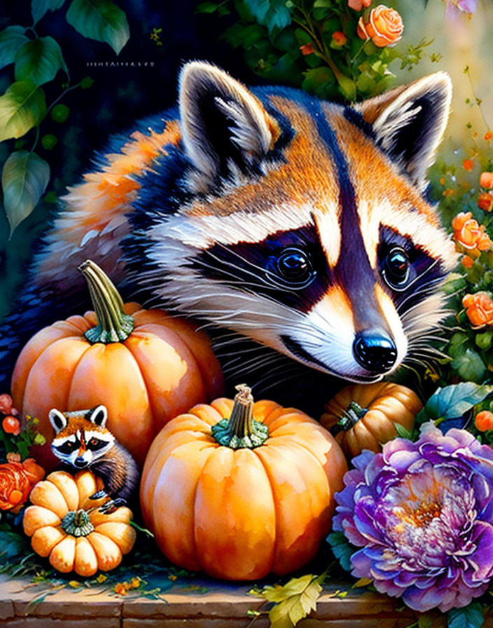 Raccoons Among Pumpkins in Autumn Colors and Flowers