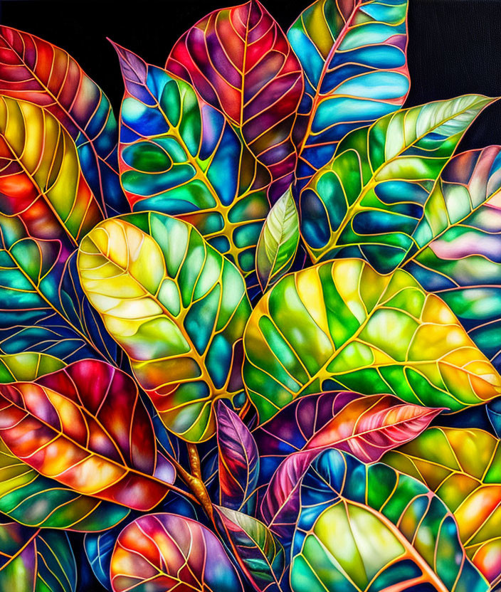 Colorful Overlapping Leaves with Vein Patterns on Dark Background