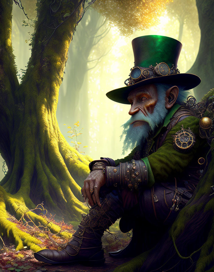 Elderly fantasy character in ornate clothing in enchanted forest