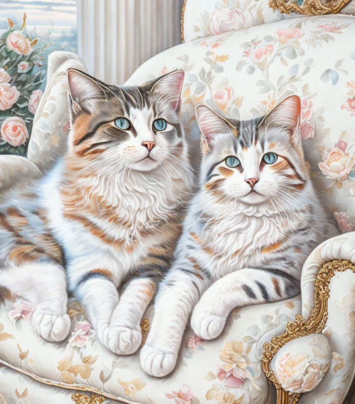 Fluffy cats with blue eyes on cream sofa with rose patterns