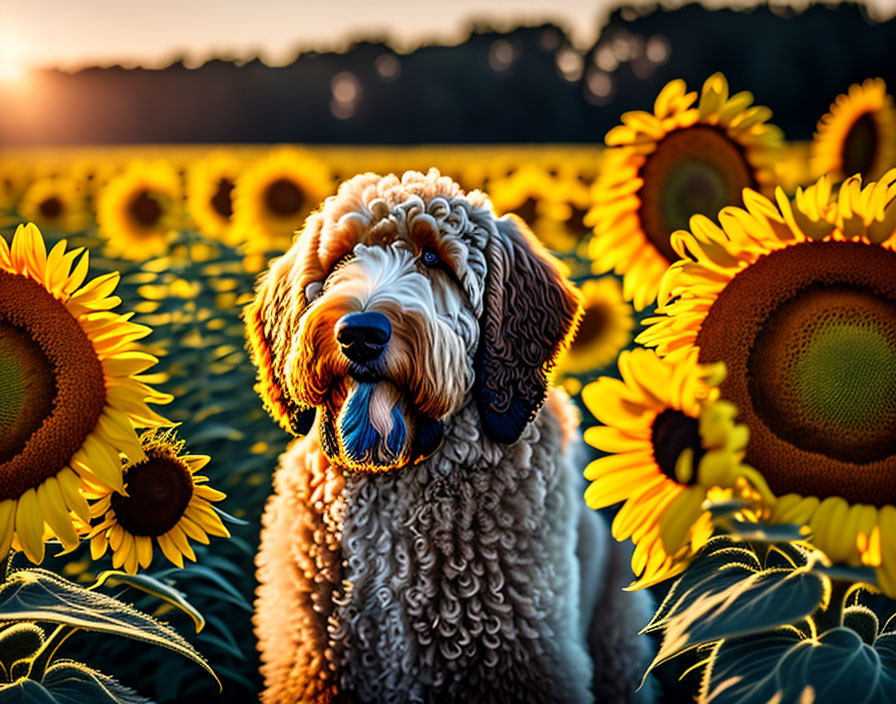 Fluffy dog in sunflower field at golden sunset