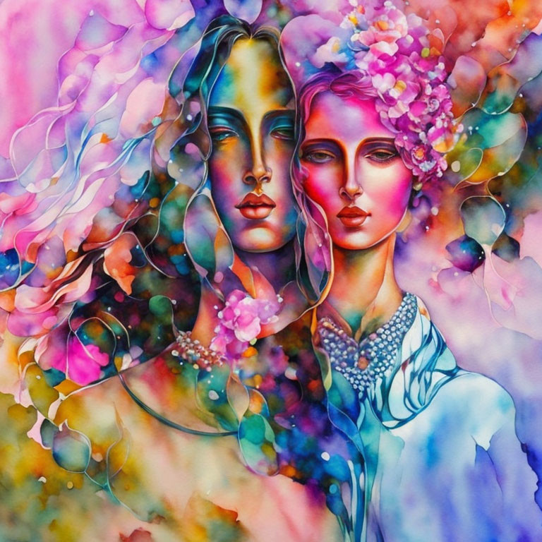 Colorful Watercolor Painting of Merged Female Faces & Floral Elements