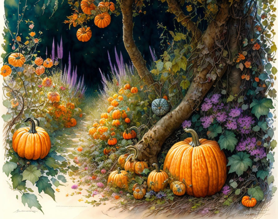 Vibrant autumn pumpkins in lush foliage and forest setting