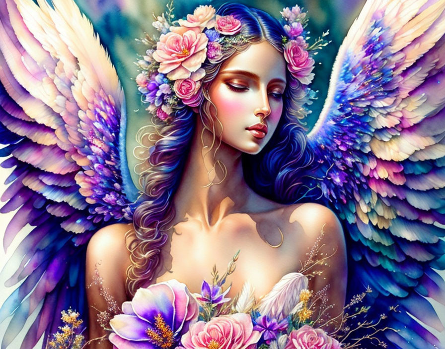 Colorful Winged Fantastical Being with Flower Adornments