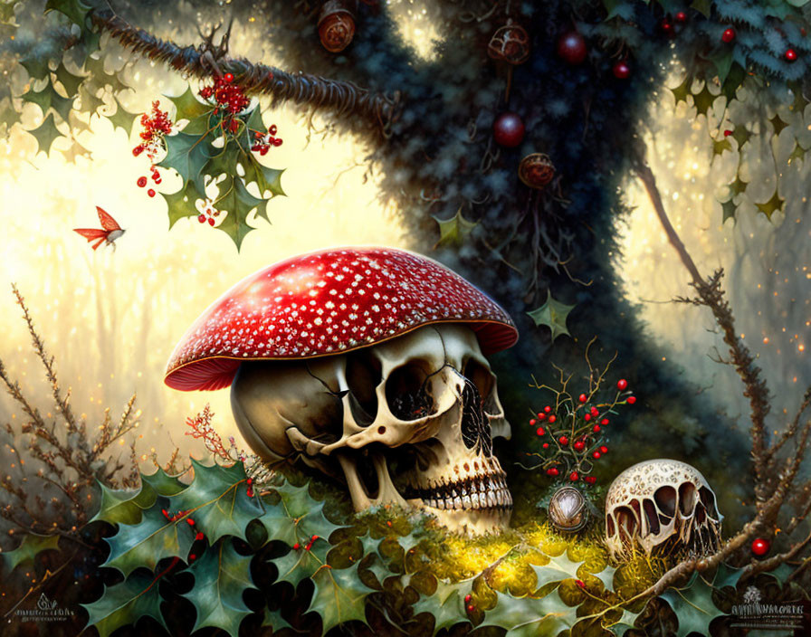 Fantasy woodland scene: red-capped mushroom on skull with holly and misty glow