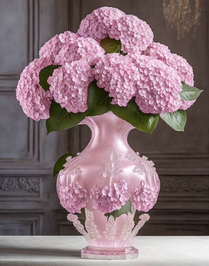 Pink Hydrangeas Bouquet in Decorative Vase on White Surface