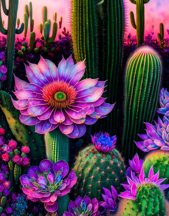 Colorful cacti and succulents with pink and purple flowers at twilight