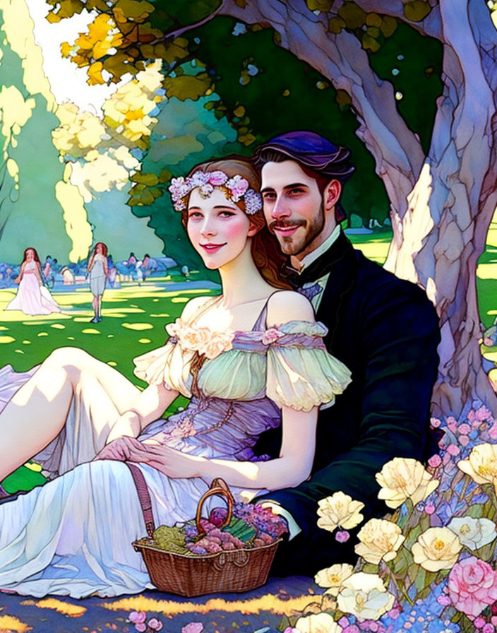 Vintage Clothing Couple in Romantic Park Scene with Flowers